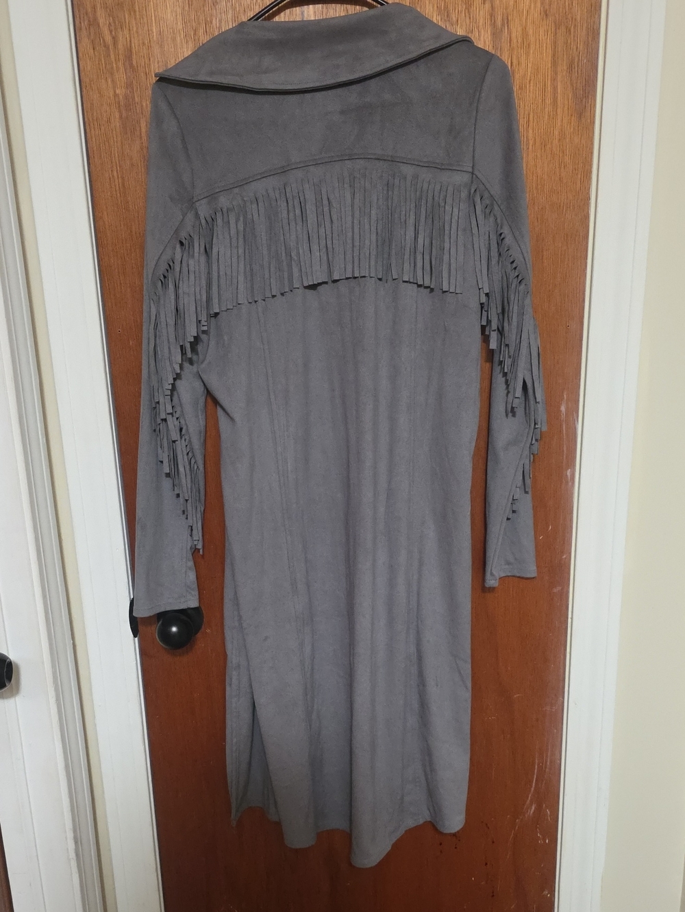 Long Gray Fringe Open-Front Cardigan